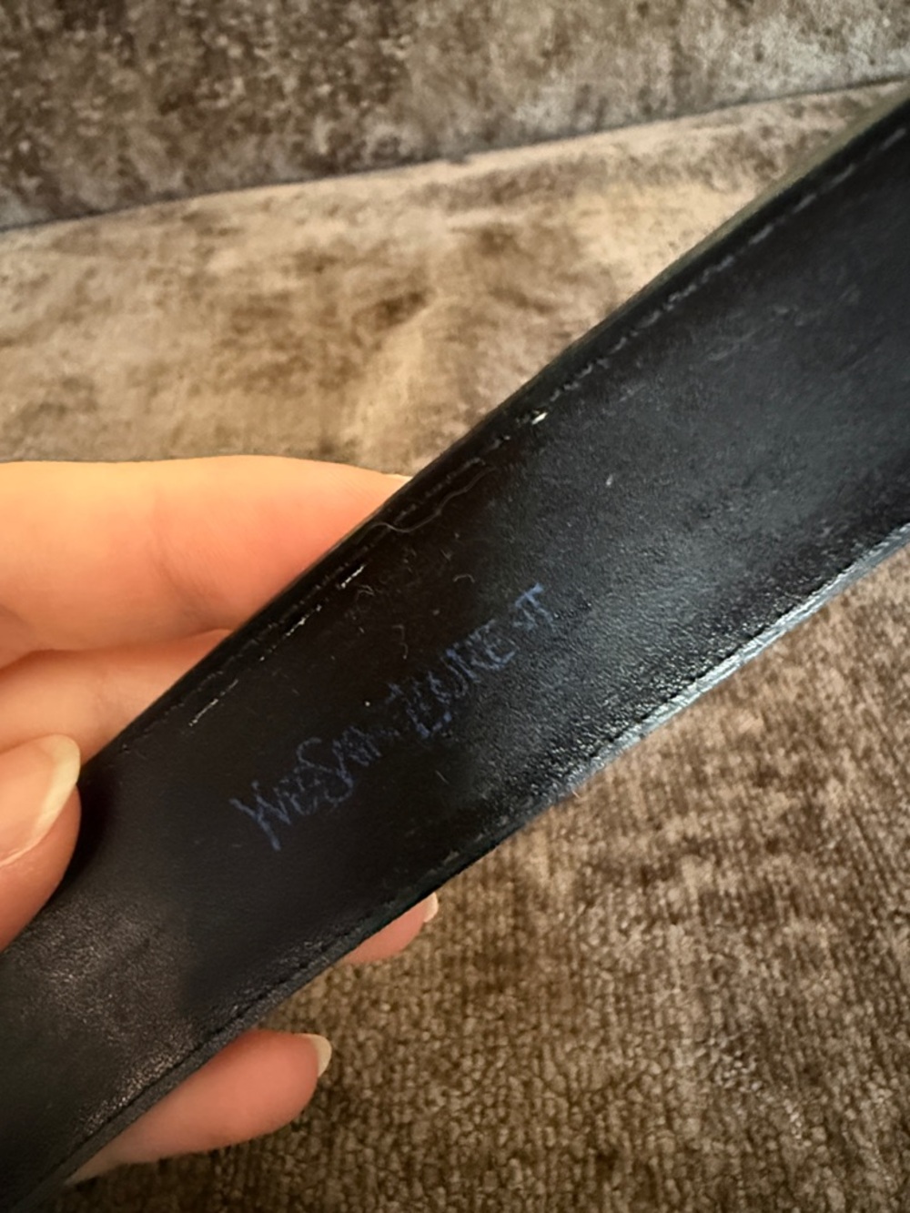 Vintage Yves Saint Laurent Black Leather Belt with light Gold tone YSL Buckle - Picture 3 of 5